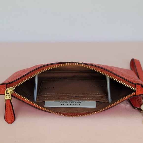 COACH Small Wristlet in Polished Pebbled Leather -Red Orange - Picture 12 of 16